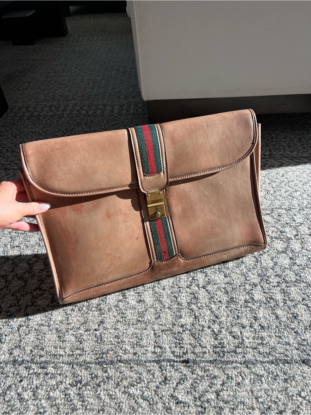 Gucci Brown Leather Briefcase Clutch with Green & Red Web Stripe